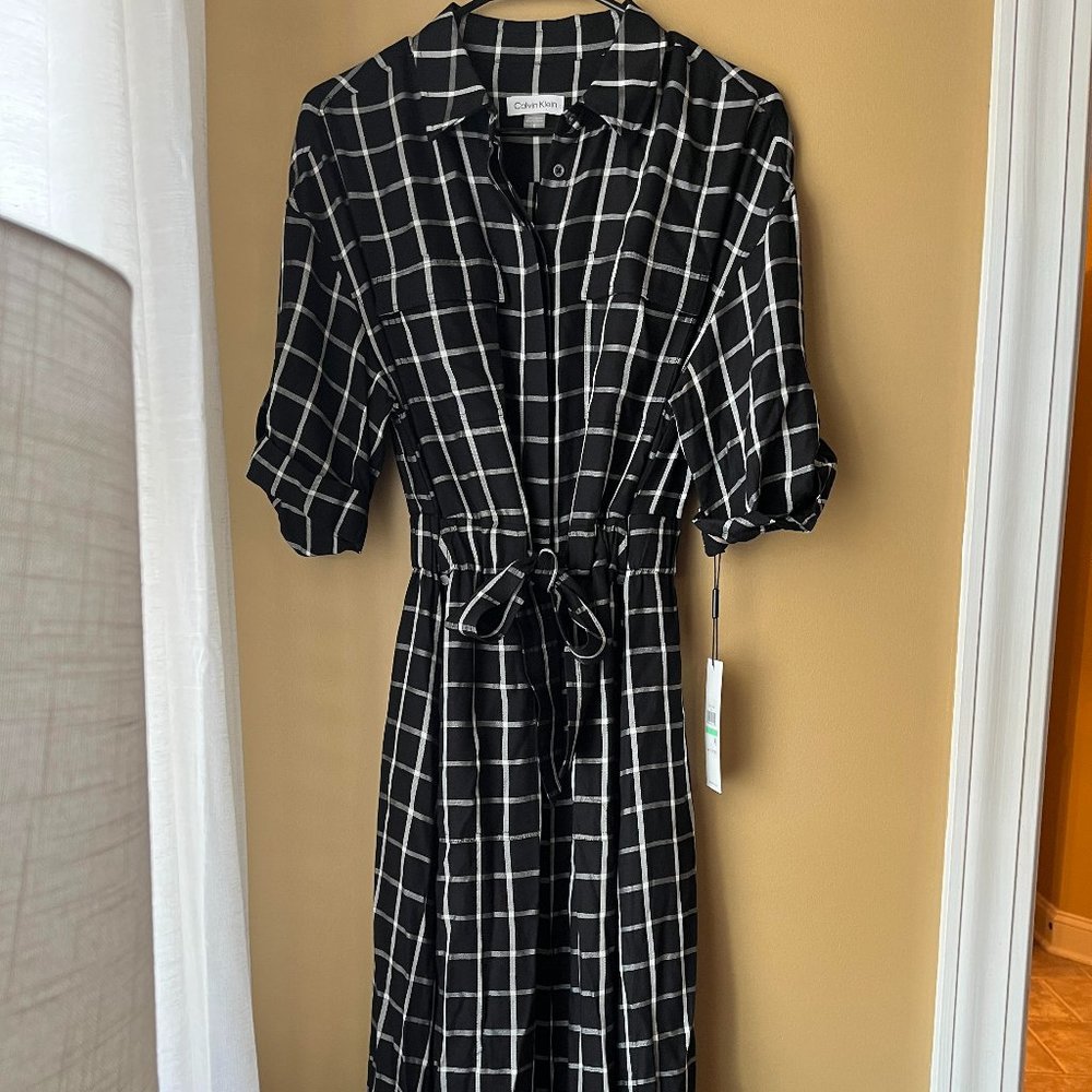 Calvin Klein Midi Dress, Size 8, Black and white plaid